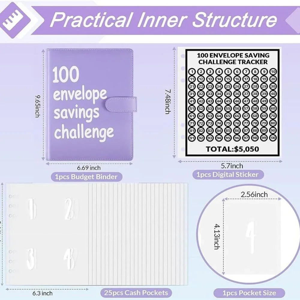 100 Envelope Money Savings Challenge Binder $5,500 (Purple)
